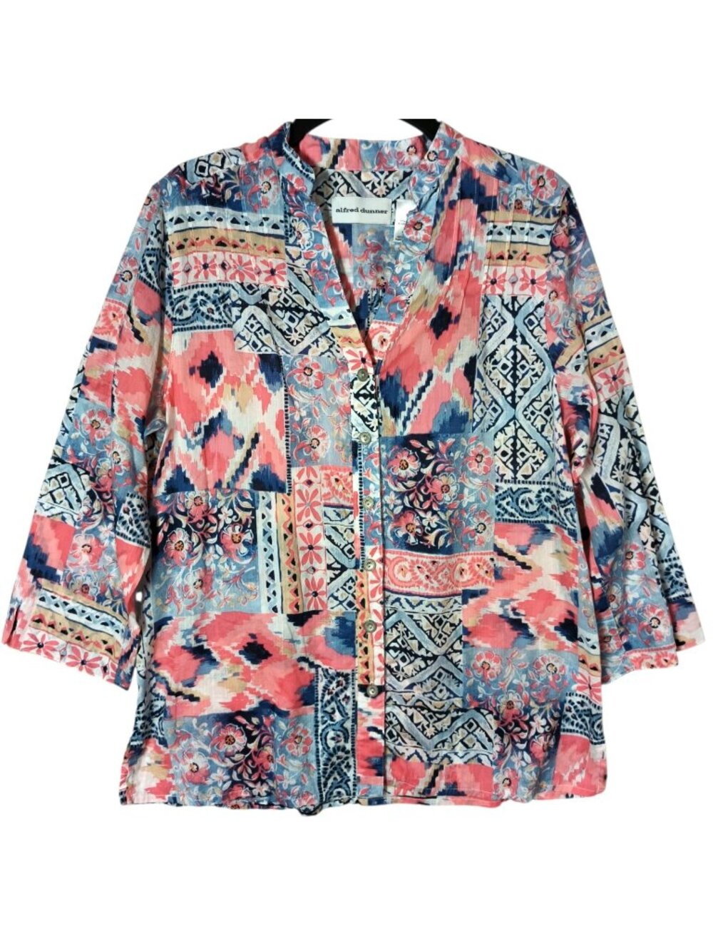 Alfred Dunner Women’s Size 10 3/4 Sleeve Cotton Button Up Blouse Pin Tucking